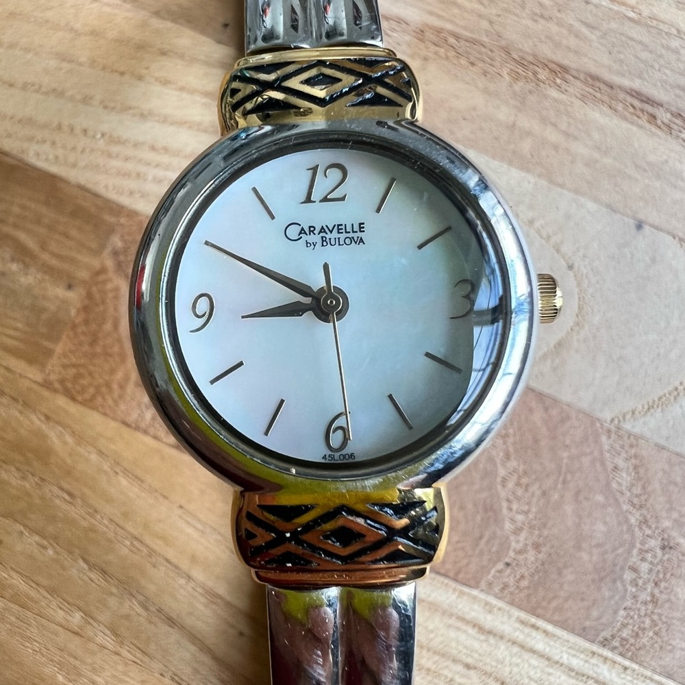 Caravelle by Bulova ladies mother of pearl two tone bracelet watch NEW BATTERY